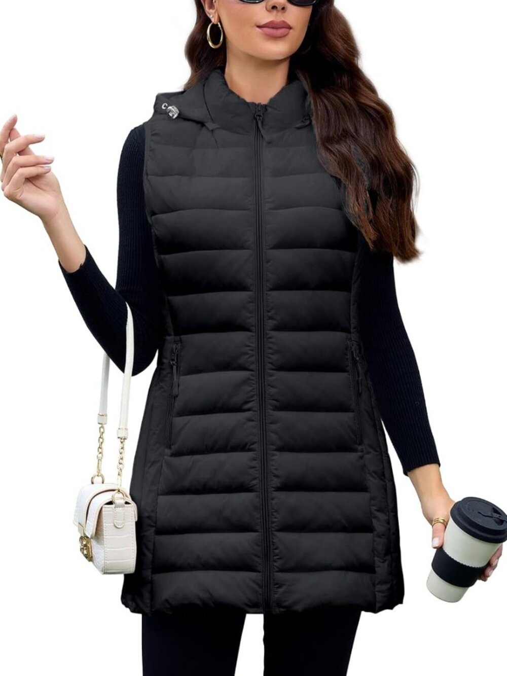 Lightweight Packable Long Puffer Vest with Hood for Women - Sleeveless